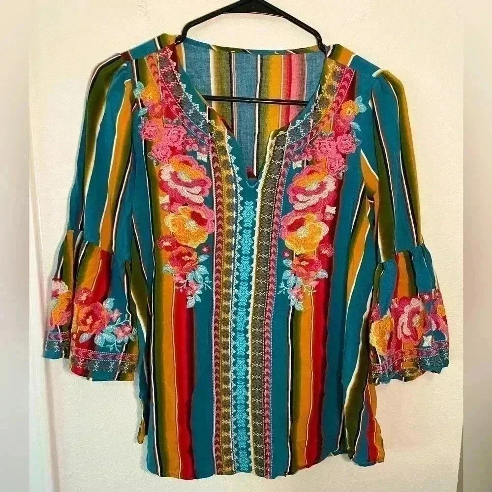 Savanna Jane Multicolor Striped Floral Embroidered Quarter Length Blouse Small